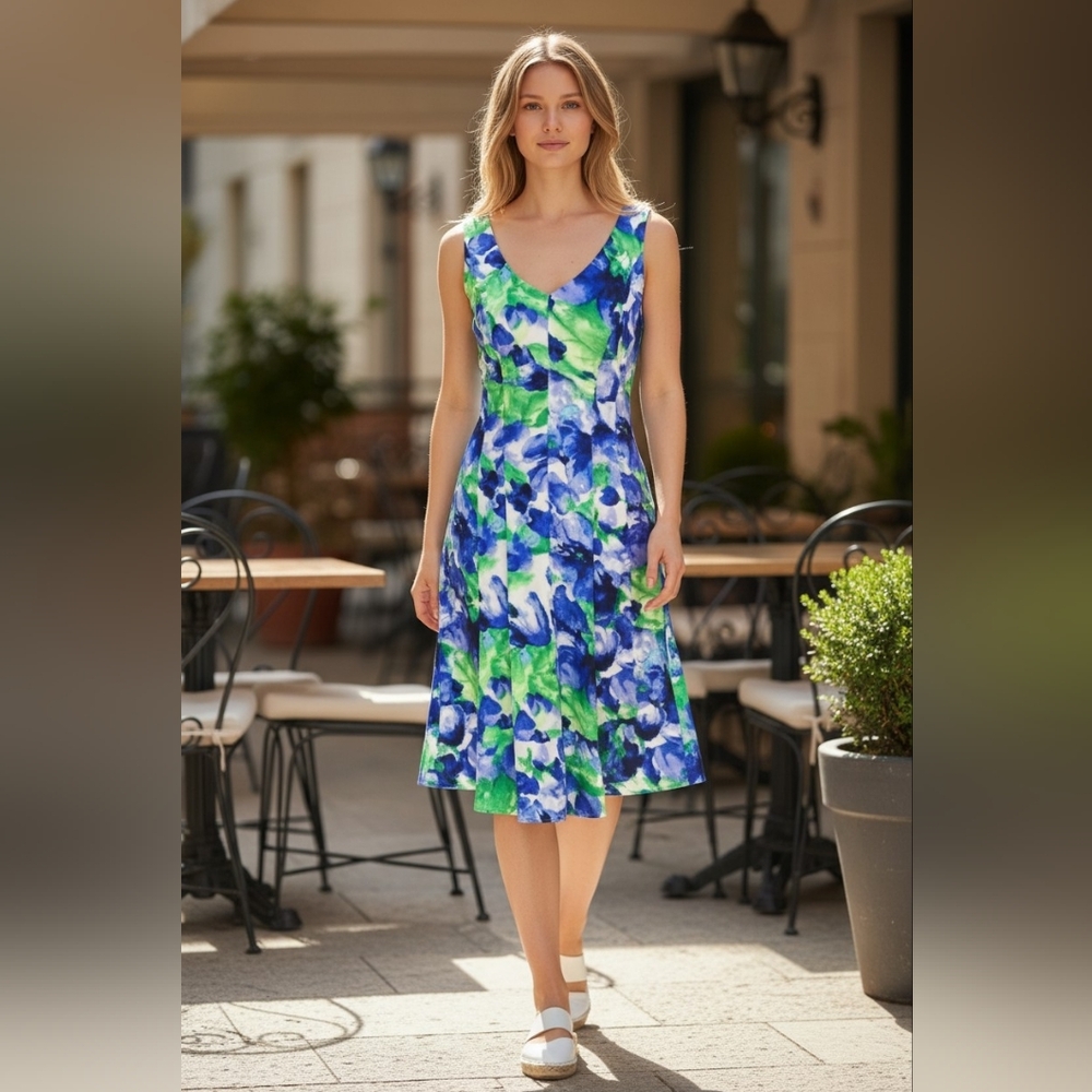 Lauren Ralph Lauren Fit n Flare Abstract Floral Dress Spring Designer V Neckline